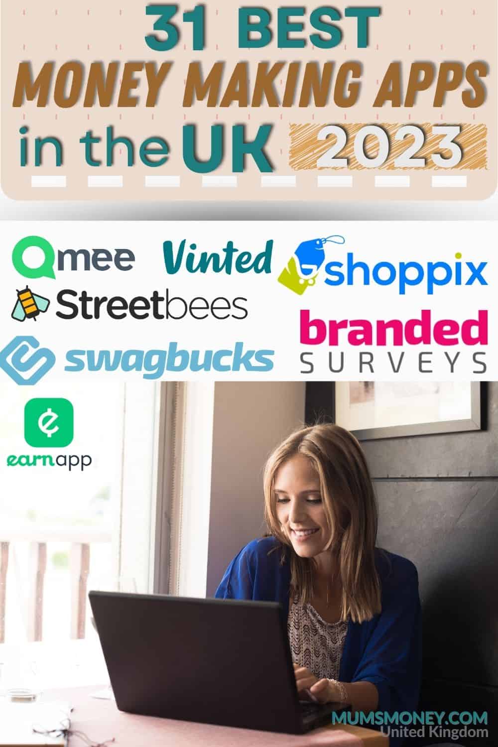 Image showing a woman looking at her laptop and several logo of maney-making apps with text overlay that eads 31 Best Money Making Apps in the UK 2023