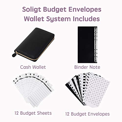 Soligt All-in-One Cash Envelopes Wallet with 12 Budget Envelopes & Budget Sheets - Black