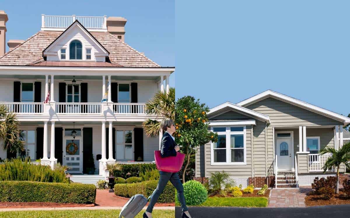 Photo showing a big house and a small house with a woman walking