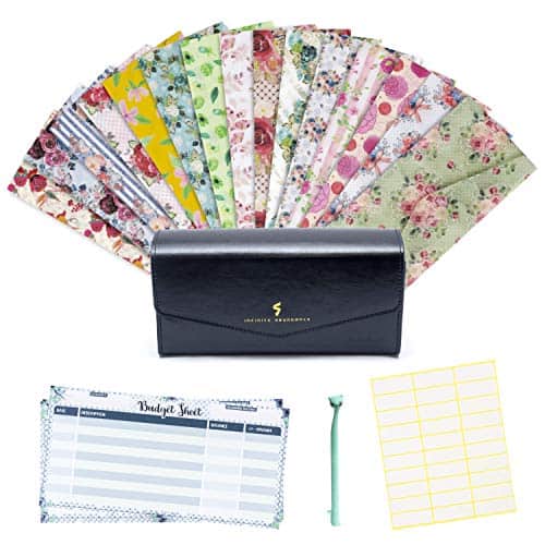 Cash Envelope System Wallet - Saving Money Organizer - 15 Floral Budget Envelopes with Velcro Closure - Plastic Cash Envelopes for Budgeting - 15 Budget Sheets - Budget Wallet Black