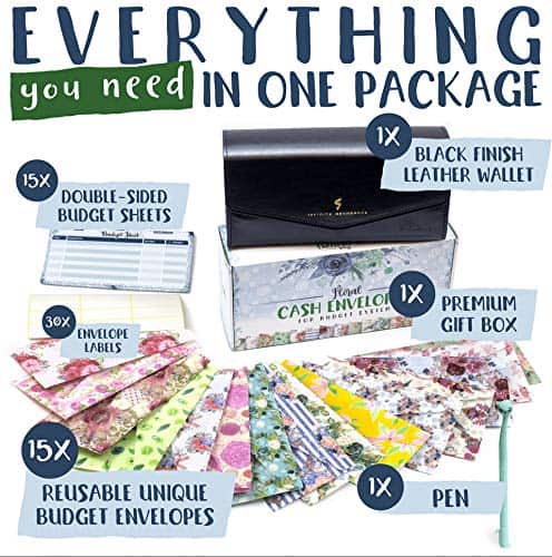 Cash Envelope System Wallet - Saving Money Organizer - 15 Floral Budget Envelopes with Velcro Closure - Plastic Cash Envelopes for Budgeting - 15 Budget Sheets - Budget Wallet Black