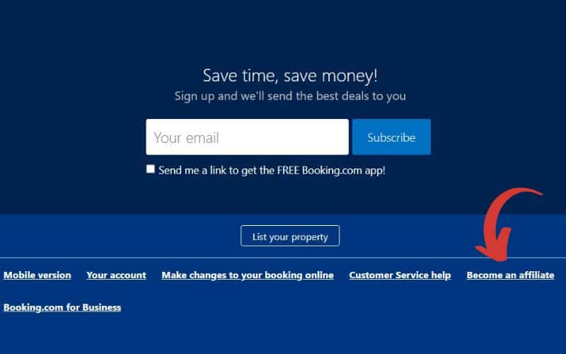 A Booking.com website page in dark blue color showing its affiliate program