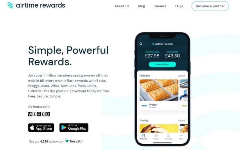 Image of Airtime rewards cash back app website with an image of a mobile phone with featured images in white background