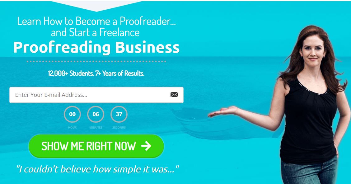 Woman with her right hand pointing to a text that reads "Learn how to become a proofreader and start a freelance proofreading business"