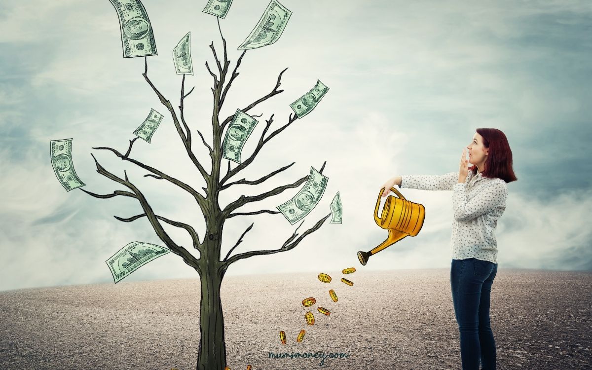 a women watering a money tree with golden coins