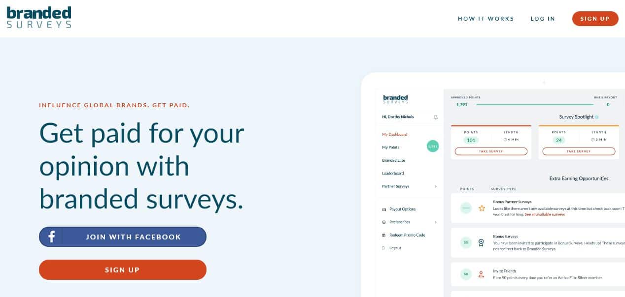 A screenshot of the homepage of the Branded Surveys website in a blog posts titled Branded Surveys review