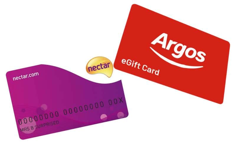 Image showing a red card labeled Argos and a purple card labeled nectar