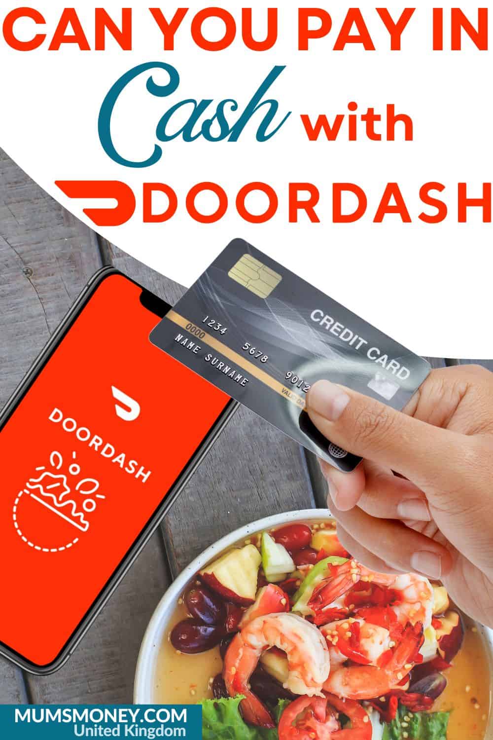 A smart phone with doordash logo beside a bowl of seafood soup with a hand holding credit card and a text overlay that reads