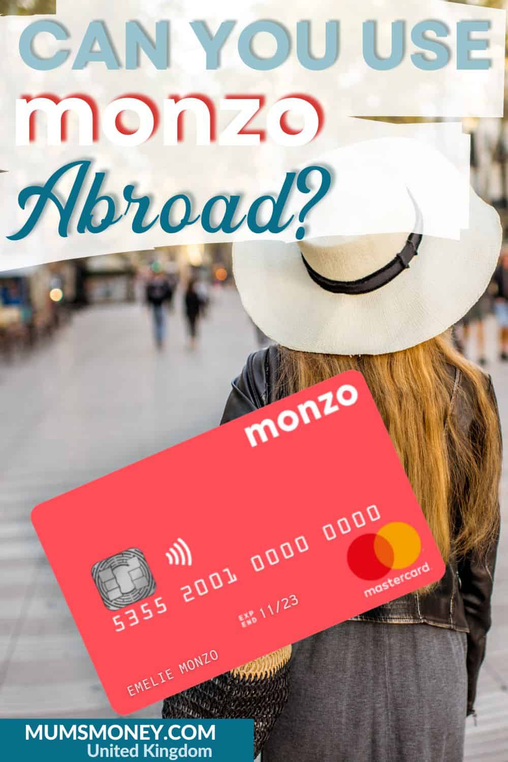 Image showing a dark pink credit card, a woman on her back in a park as background and text overlay that reads Can You Use Monzo Abroad