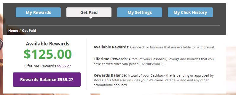 Get paid options with Cashrewards