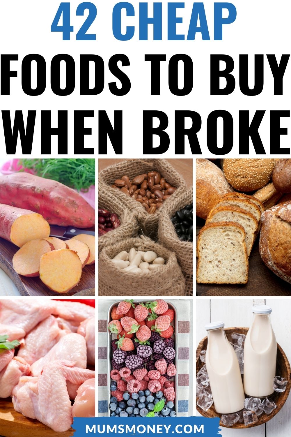 Images of foods like sweet potatoes, chicken meat, beans, milk,, bread and berries with text overlays that read 42 cheap foods to buy when broke