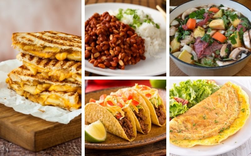 Image of low cost meals like beans and rice, grilled cheese sandwiches, tacos, omelets and casserole