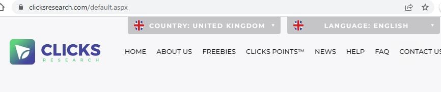 Screenshot of Clicks Research page showing United Kingdom country selection