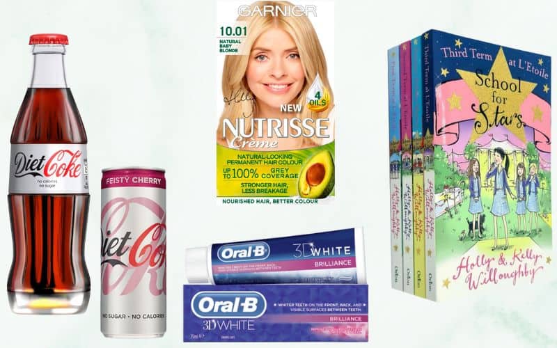 Photo showing diet coke in bottle and in can, Oral B, Garnier product for hair coloring with Holly Willoughby's image and four books with title School for Stars