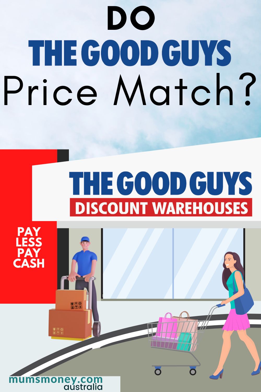 An image showing a graphic building with the name the good guys, with a woman pushing grocery cart and a man pushing a cart with boxes and a text overlay that reads Do The Good Guys Price Match