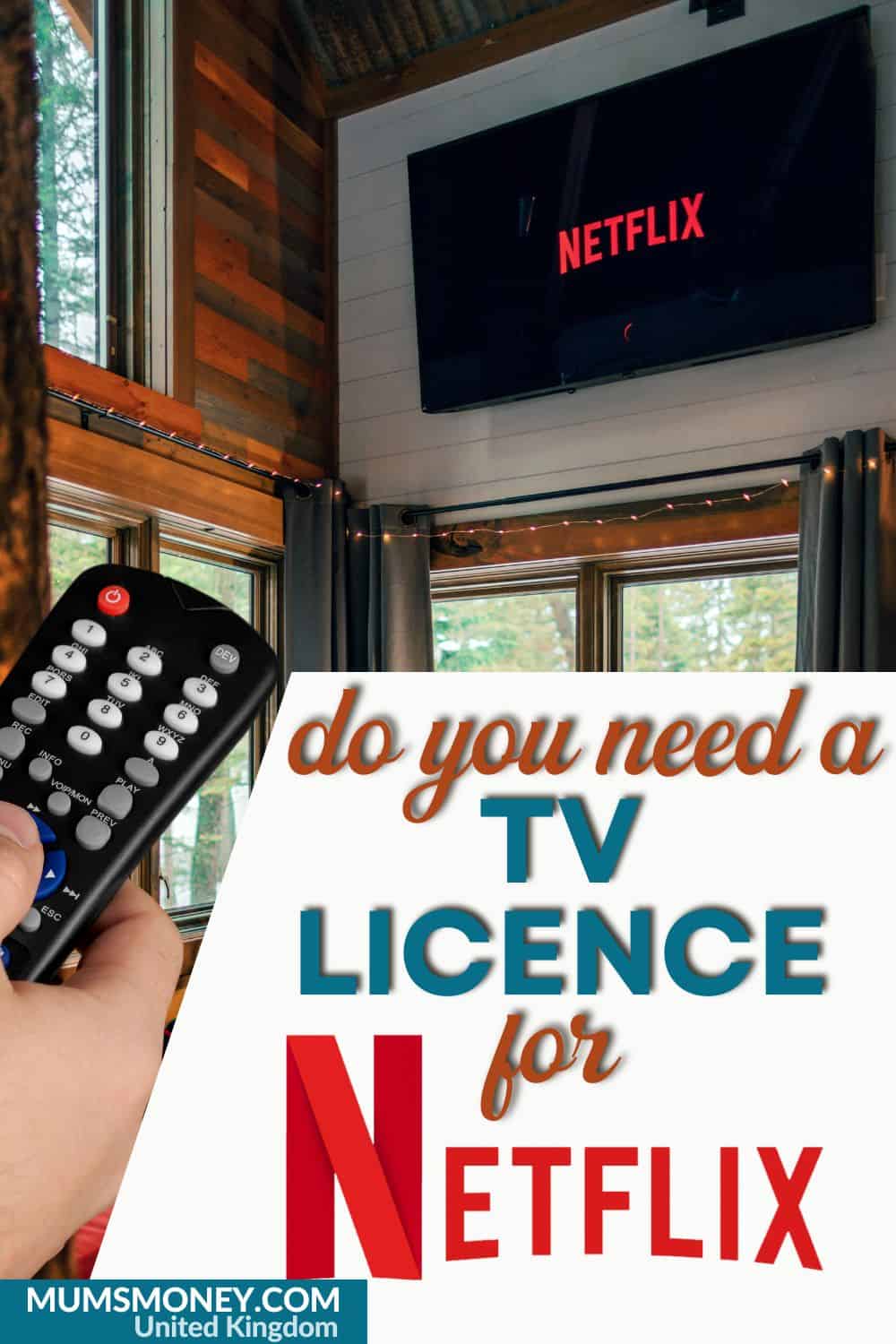 Photo showig a room with TV attach to the wall above a window and hand holding a remote control with text overlay that  reads Do You Need A TV Licence For Netflix