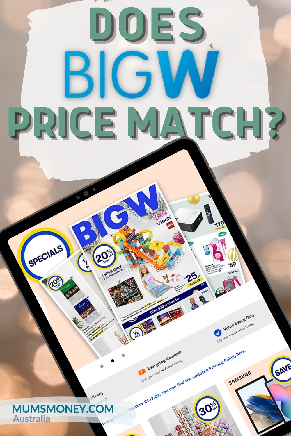 Image of a tablet with Big W app and txt overlay that reads Does BIG W Price Match