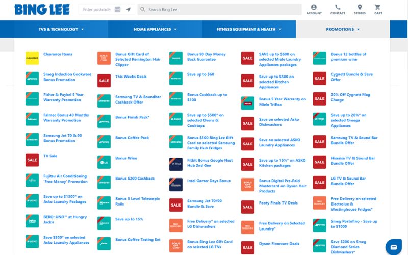 A webpage of Bing Lee that shows several discount and saving offers