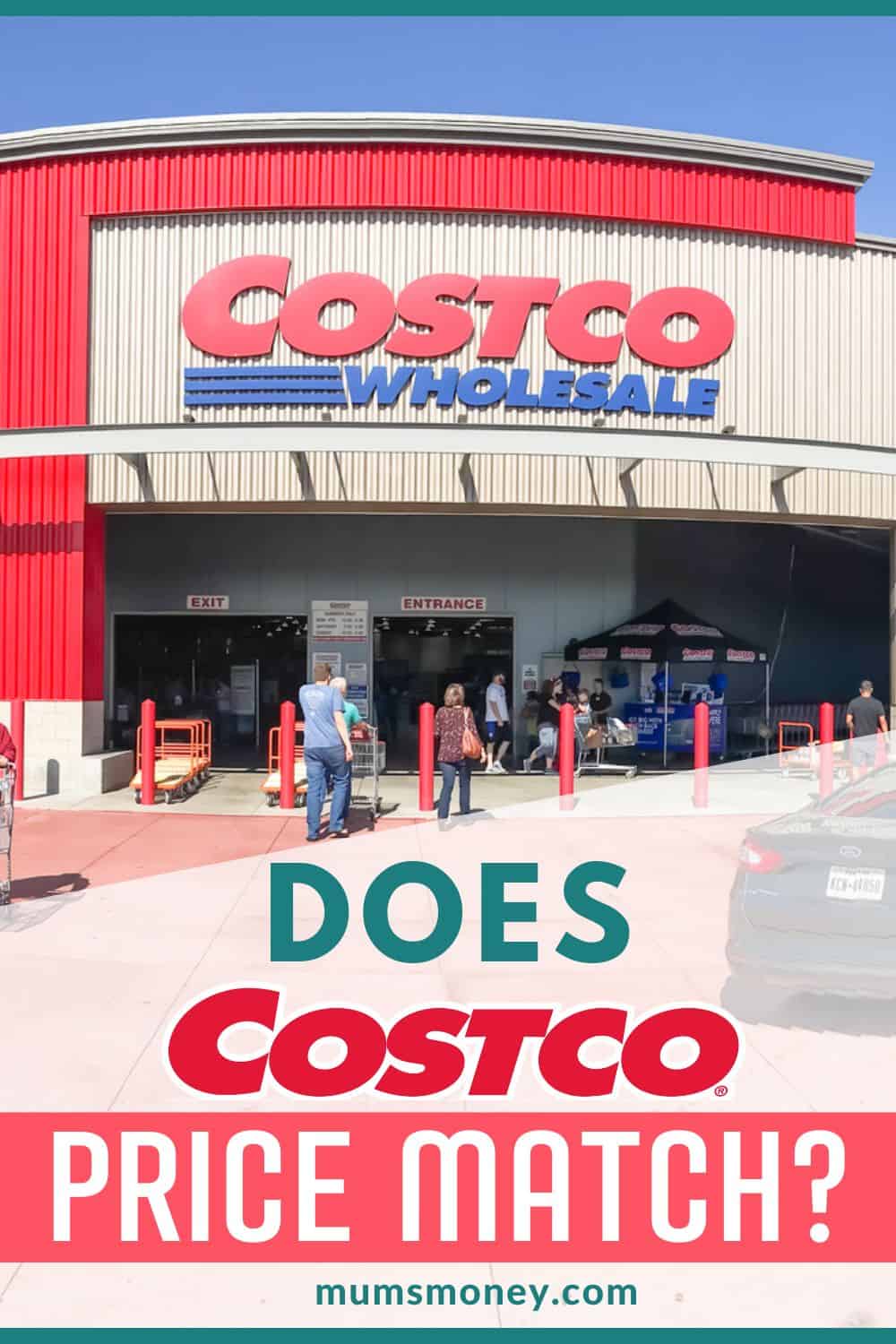 Photo of the entrance of Costco wholesale supermarket near the parking area with text overlays that read Does Costco price match?