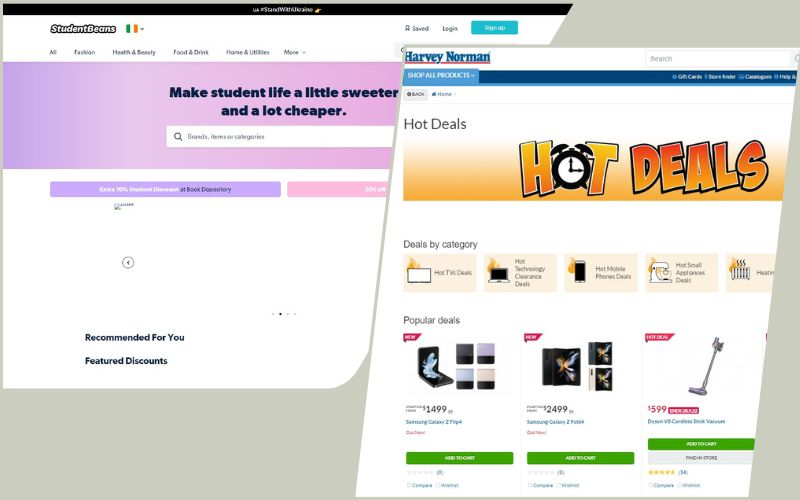 Overlays of student bean website and a web page of harvey norman
