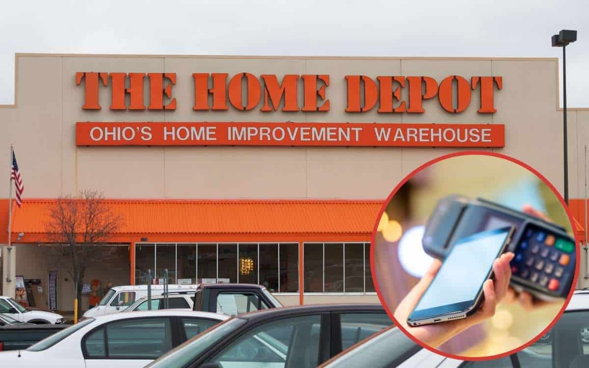 Image of the Home depot and an image insert of a hand holding a cellphone