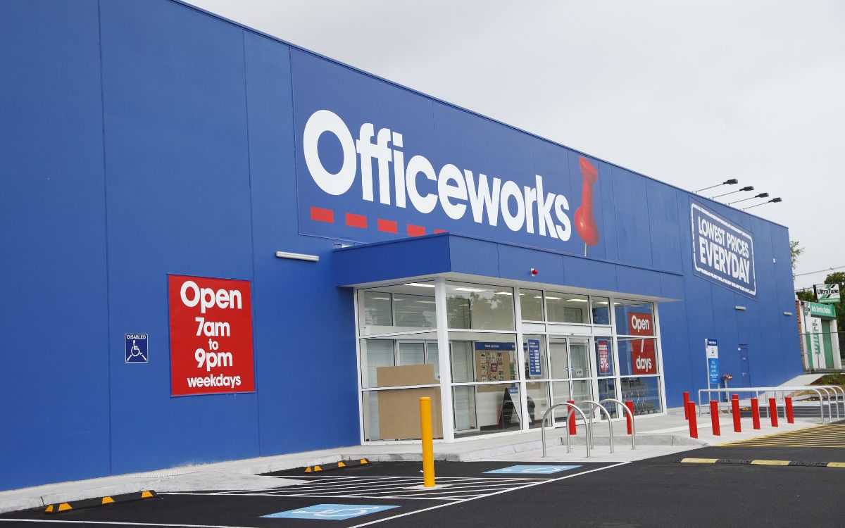 Photo of a large blue building with name Officeworks