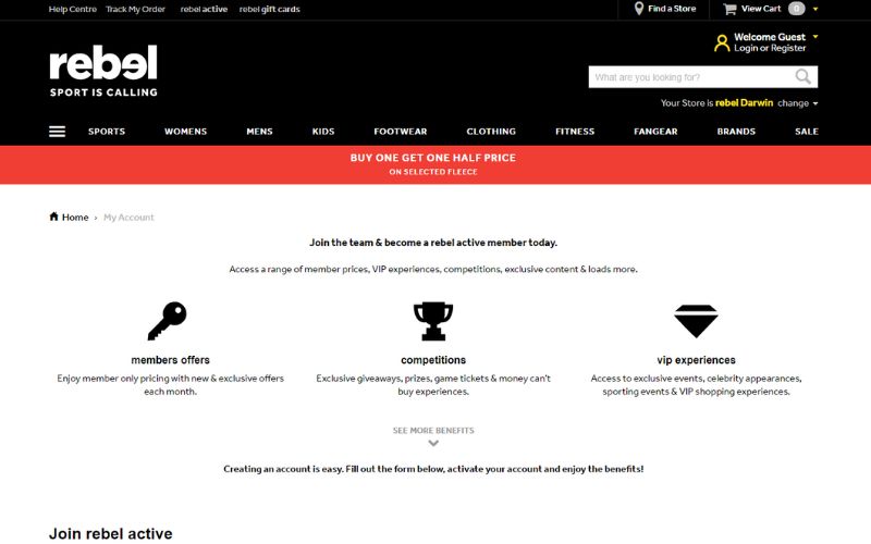 Website of Rebel Sport on where to register to become a member