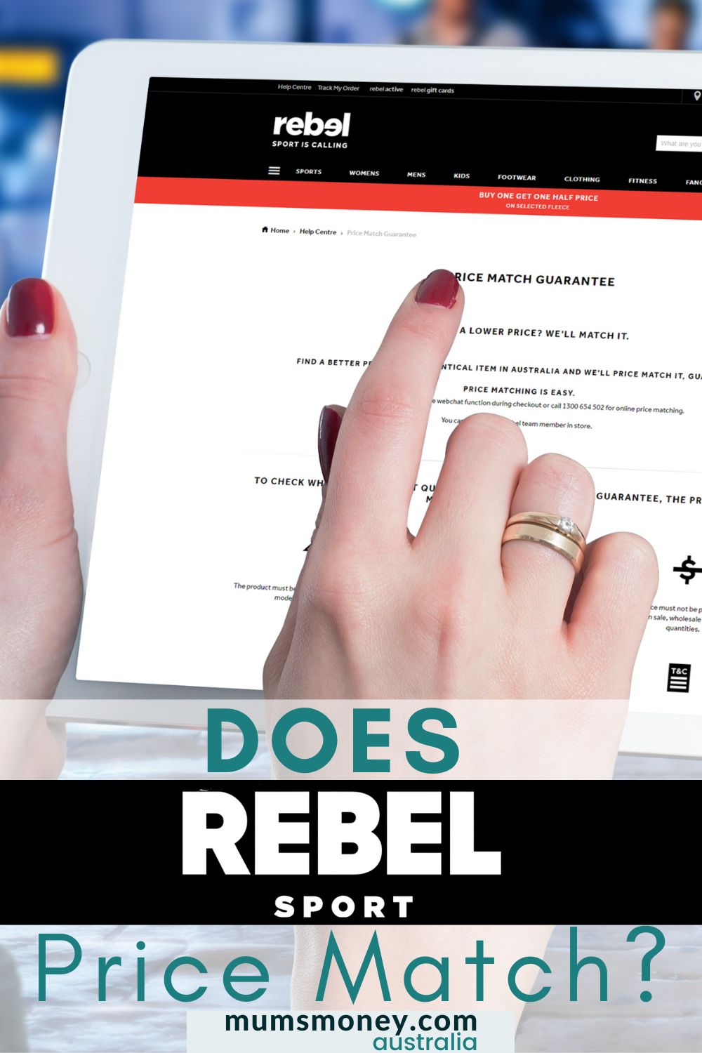 A pair of hands pointing at the tablet showing rebel sport website on how to pricematch and text overlays that read Does Rebel Sport Price Match