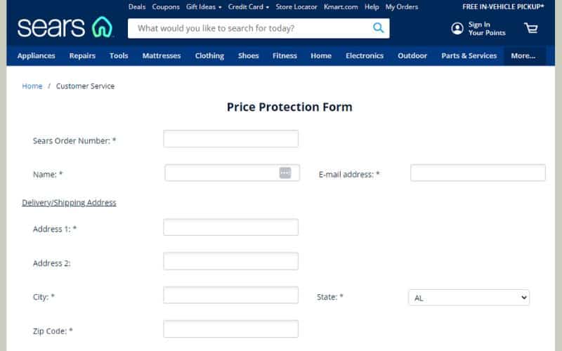 Image of a website by sears for Price Protection Form