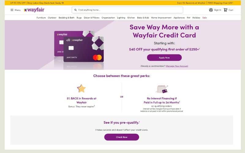 Webpage of Wayfair showing how to get a credit card