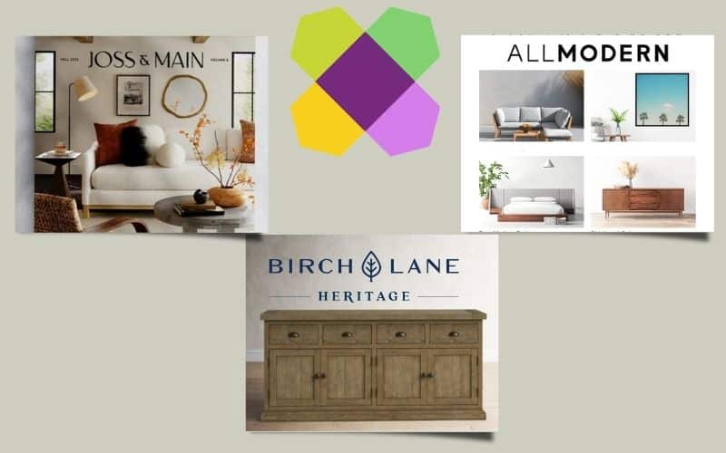 graphics overlays of Joss and Main, All Modern and Birch Lane showing their products