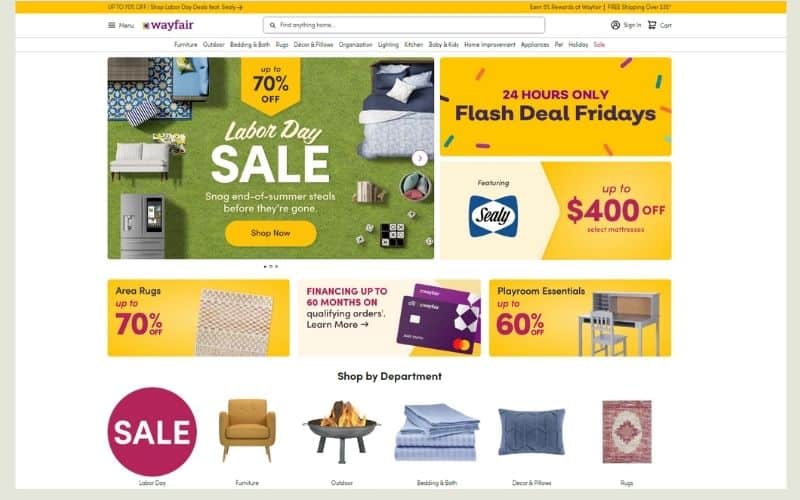 Webpage of Wayfair showing several items for sale