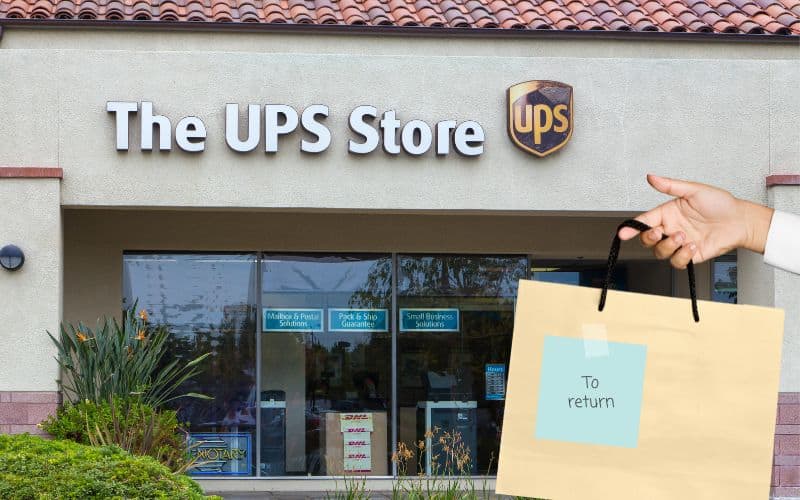 A UPS store with overlay of hand holding a paper bag