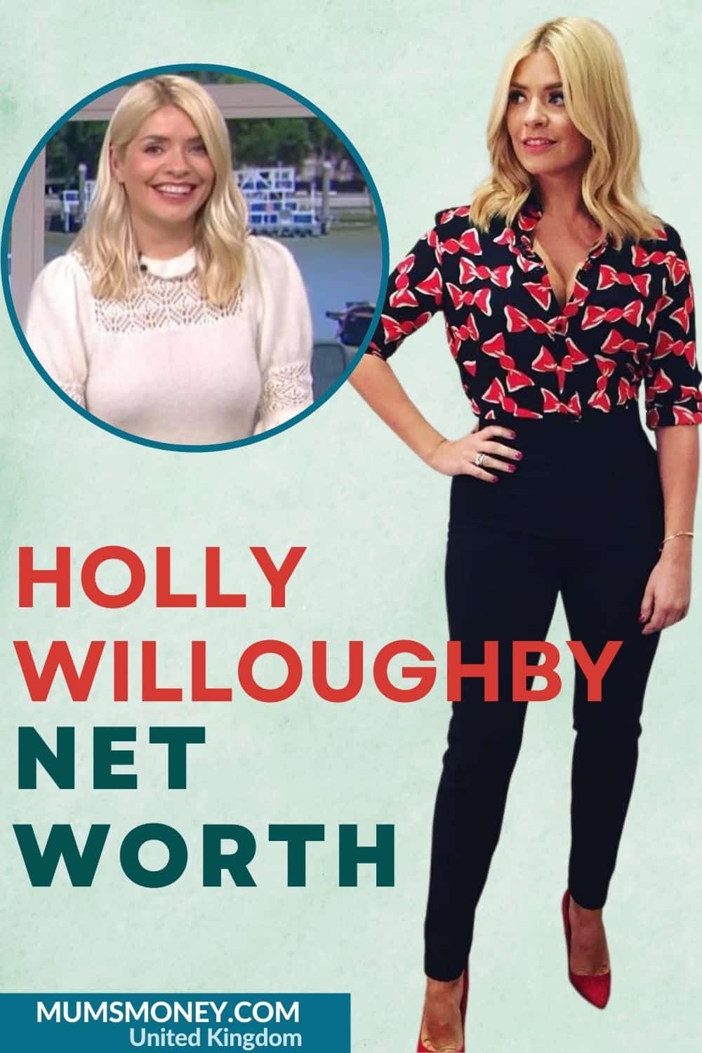 Photo showing image of Holly Willoughby standing and one inset with text overlays that read Holly Willoughby Net Worth