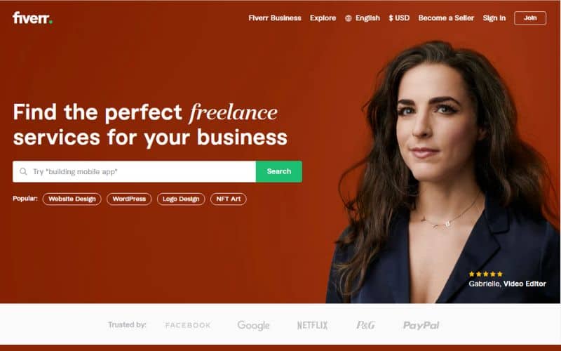 Online page of Fiverr with photo of a woman in brown background