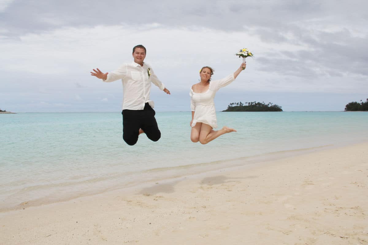 Part of our plan when we decided to save money for travel was to get married overseas. This is a piciture of us jumping on the beach after our budget-friendly wedding in the Cook Islands.