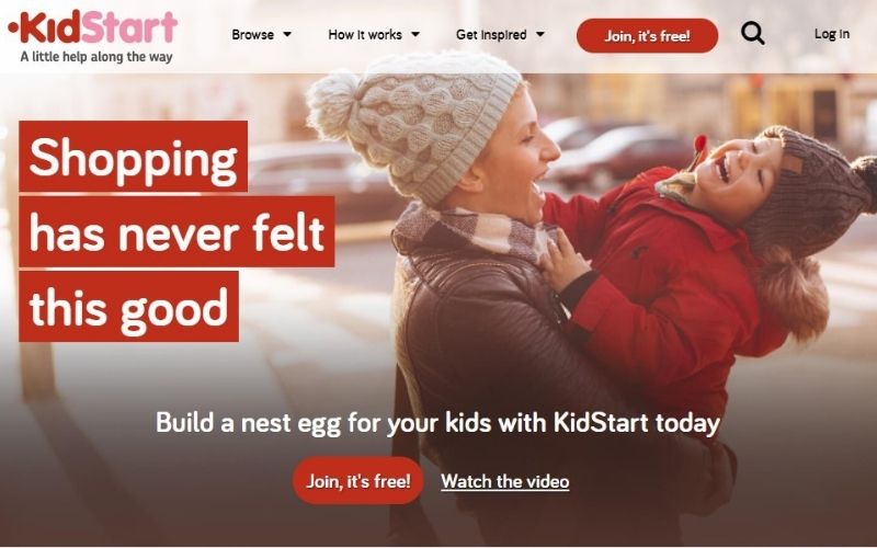 Image of Kidstart Cashback app website with picture of a woman carrying her daughter and a bold text overlay that reads Shopping has never felt this good.