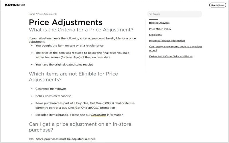 Kohls Price Adjustment