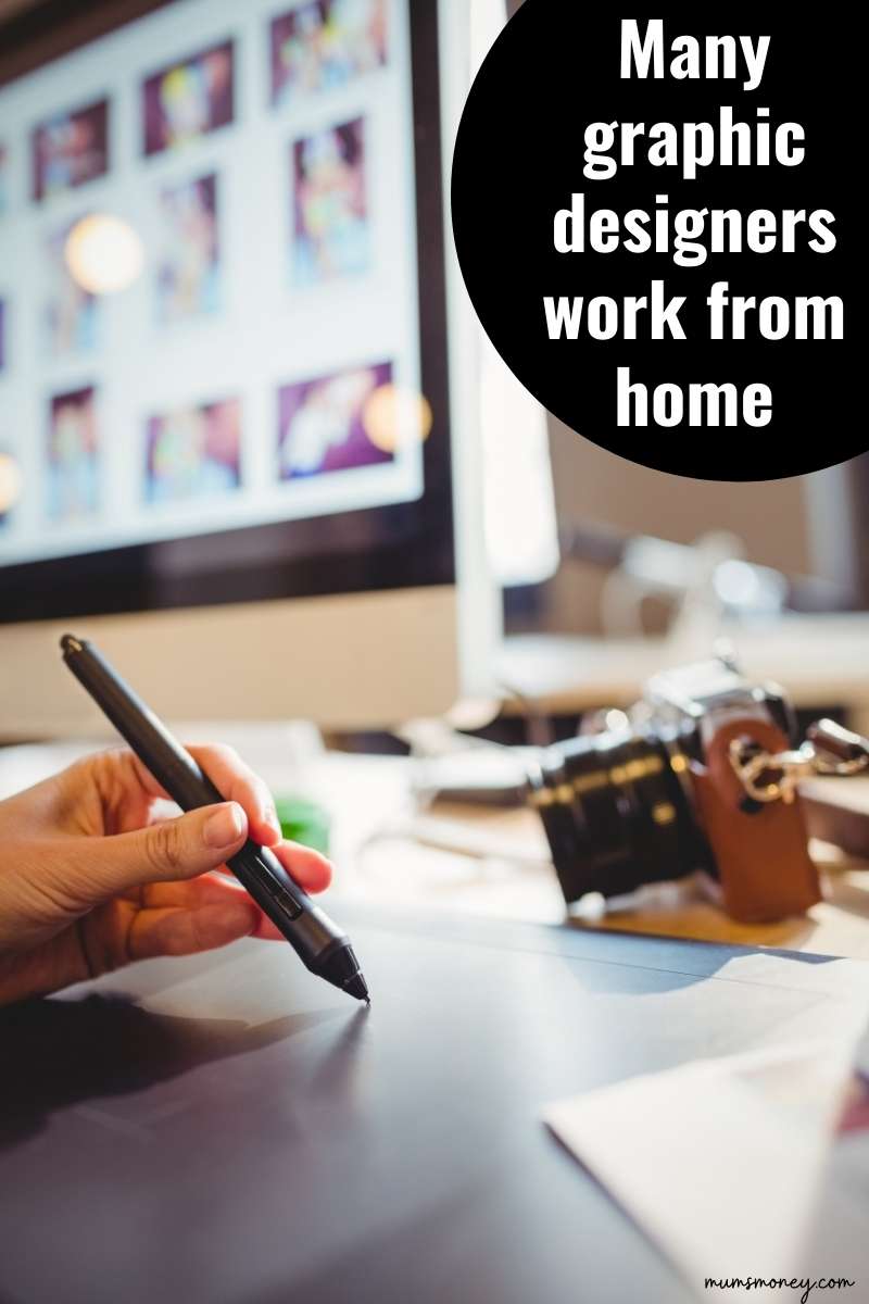 Hand using a stylus, desktop publisher in the background with text overlay that reads "Many graphic designers work from home"