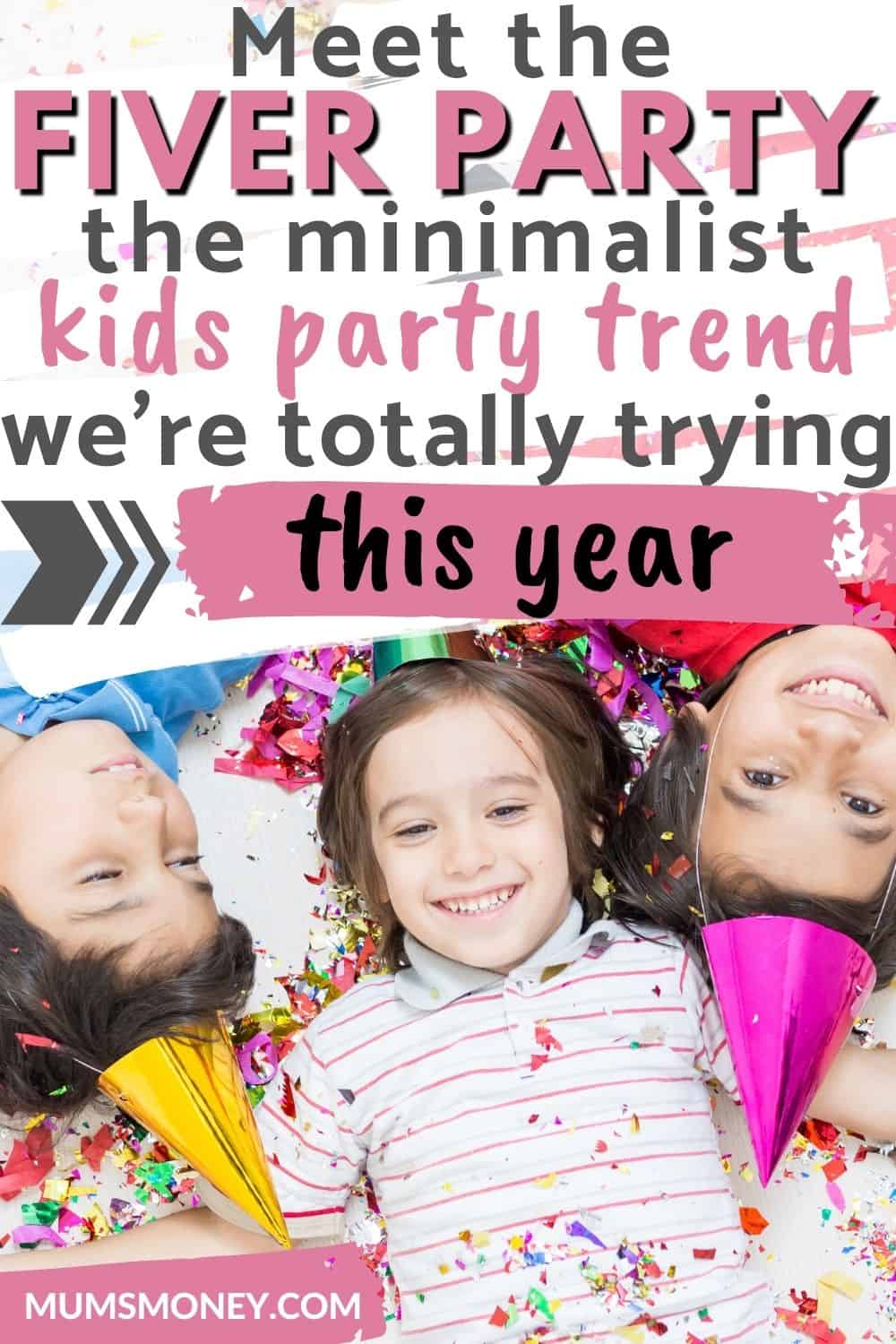 Photo of three happy children lying down with confetti around them