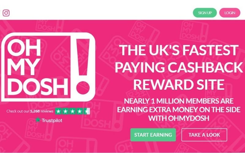 Image of Oh My Dosh cashback app with bold text overlay that reads The UK's fastest paying cashback reward site in pink background