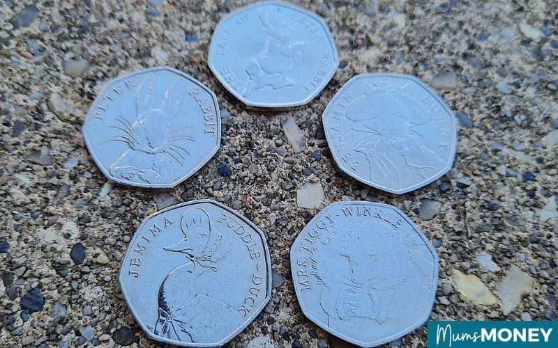 Image of five 50p coins including Jemima Puddleduck