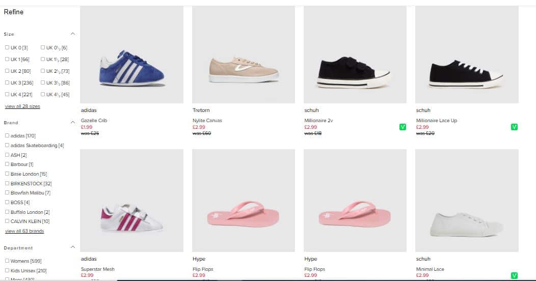 The Schuh Imperfects website has kids shoes for bargain prices. Screenshot of children's adidas shoes among others.