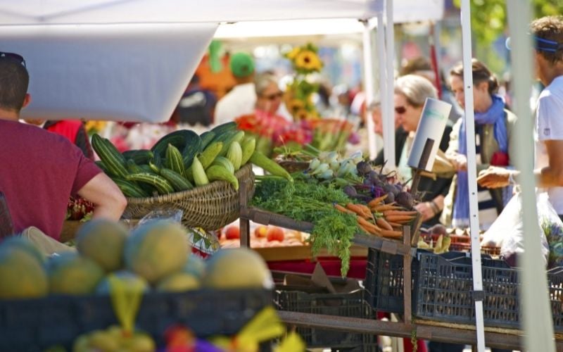 Image of a market with different vegetable with people around the area