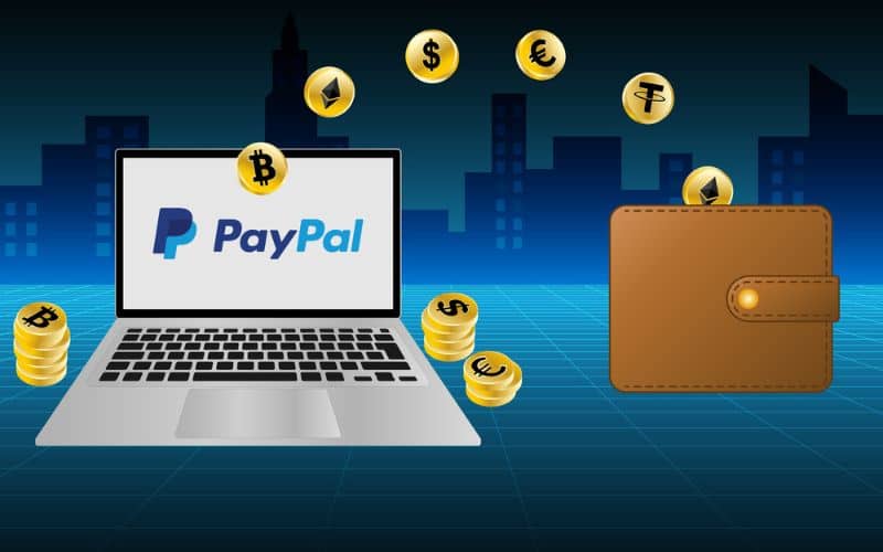 An image showing a laptop with the word paypal on monitor, some coins floating toward a brown wallet in blue background