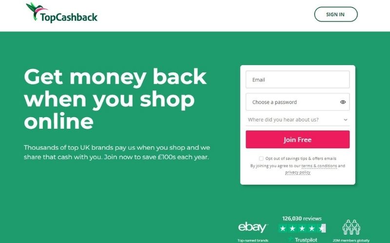 Image of topcashback cashback app website with green background