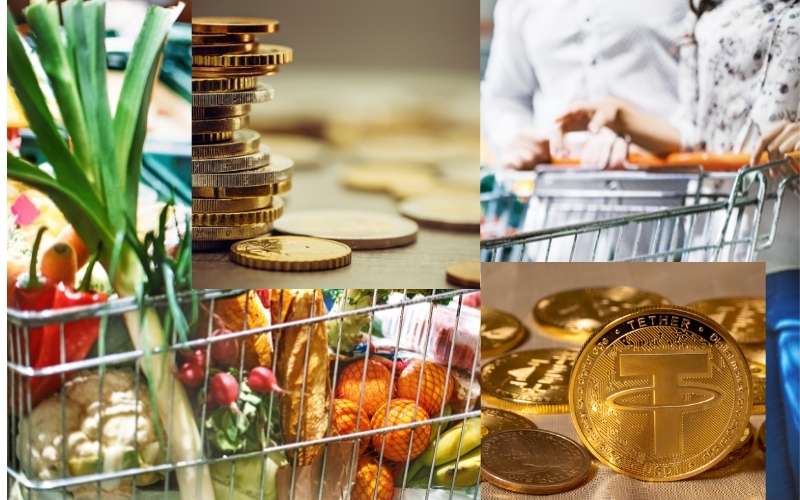 full shopping cart of groceries and coins