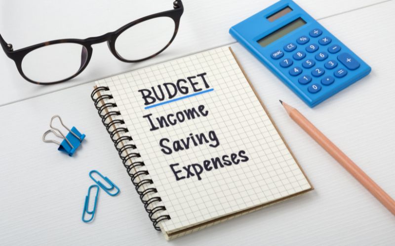 A notebook with the words budget written on it, with an eyeglass and calculator