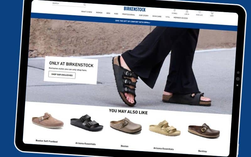 Birkenstocks website with different kinds of expensive footweard