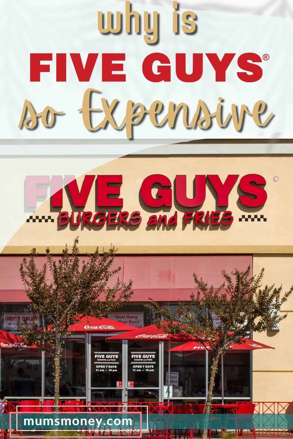 A Five Guys restaurant with text overlays that read Why Is Five Guys So Expensive